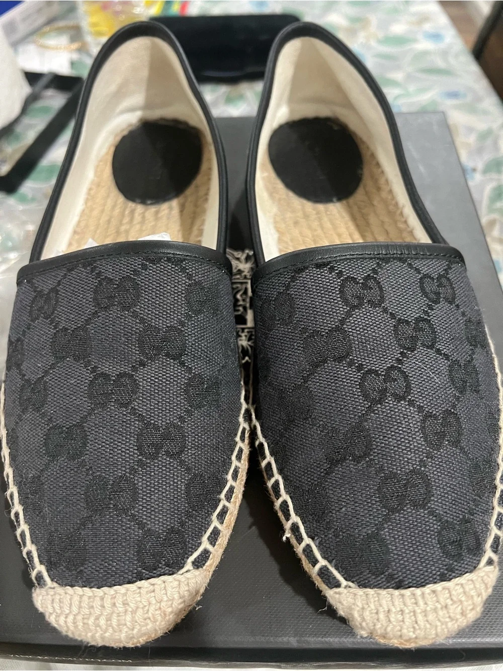 Authentic Gucci Black Monogram Canvas Espadrille Flats